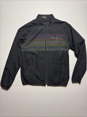 NEW BALANCE Vintage Black Windbreaker Jacket Multicolor Chest Stripes Nylon? L